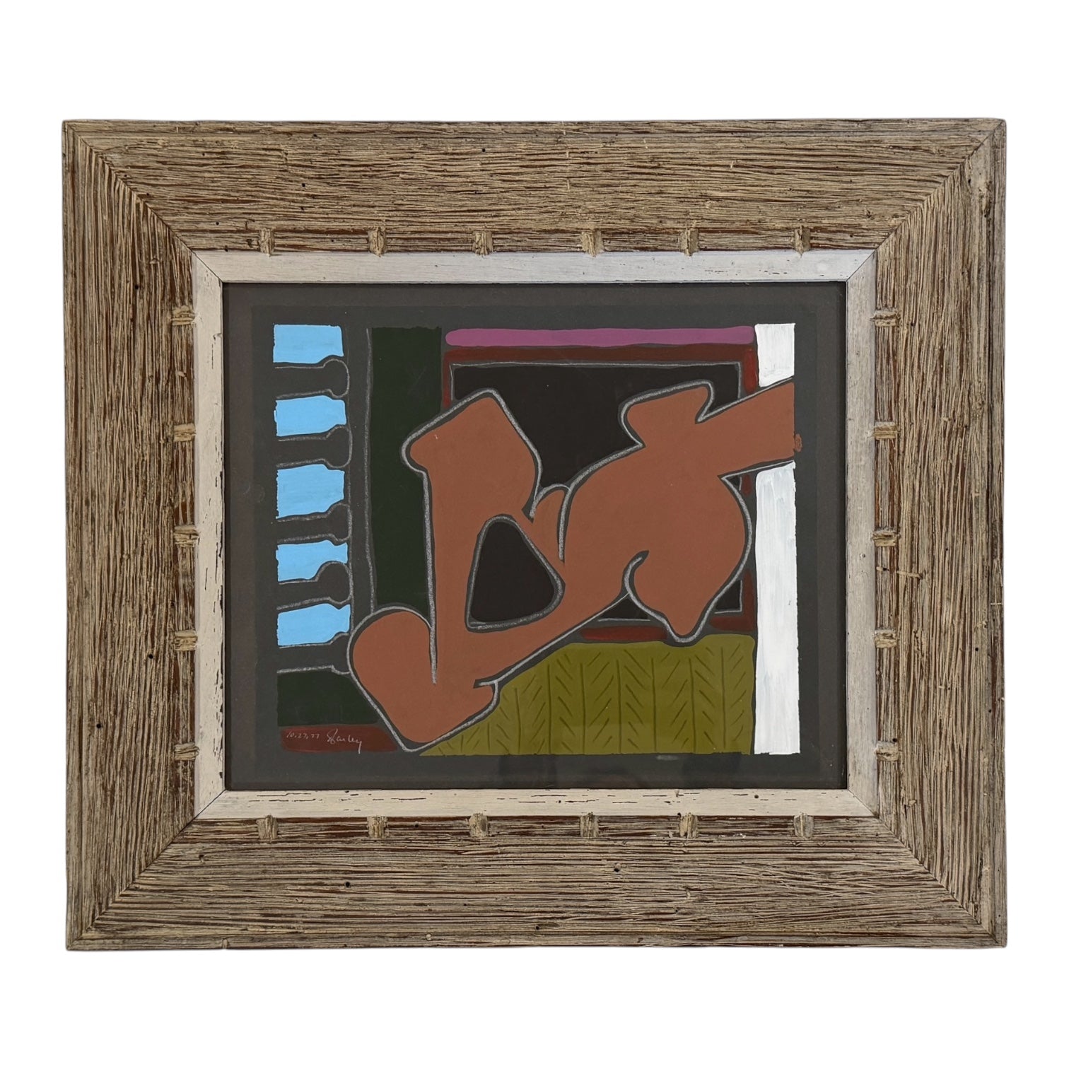 Graphic Abstracted Shapes in Wide Vintage Carved Wood Frame