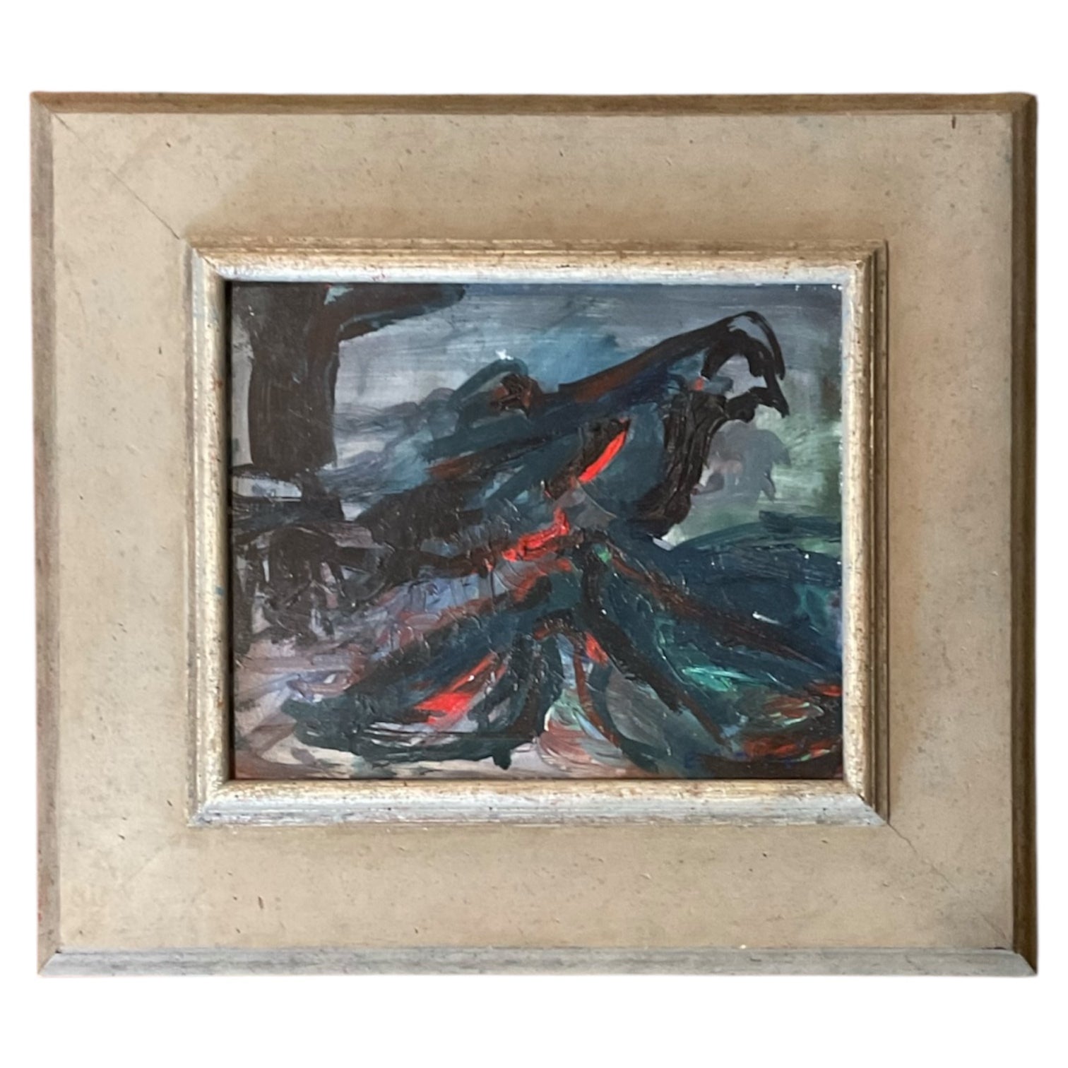 Beautiful Blue Bird in Trees Presented in Original Vintage Painted Wood Frame