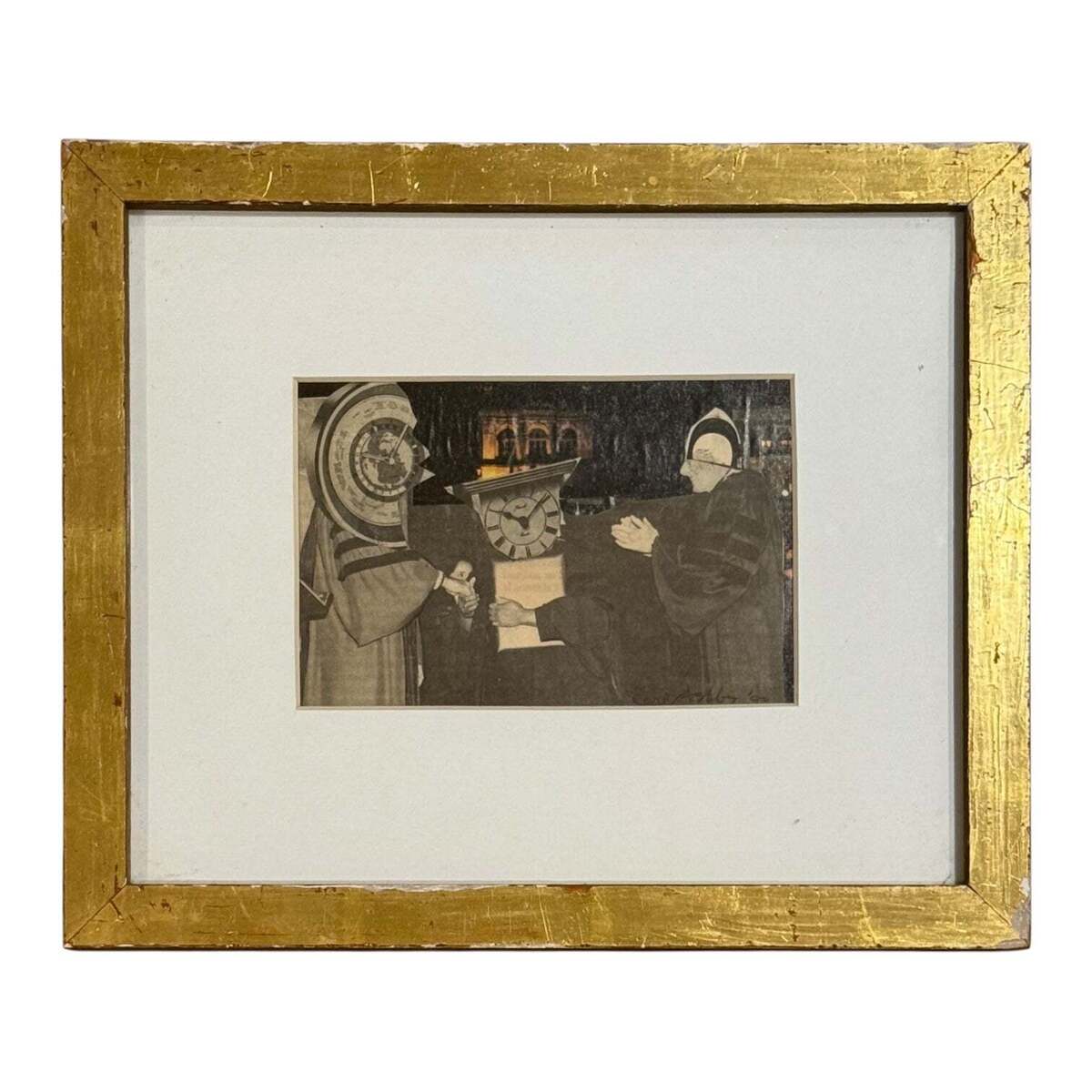 1990 Collage with Photographs and Ephemera in Original Modern Gold Leaf Frame