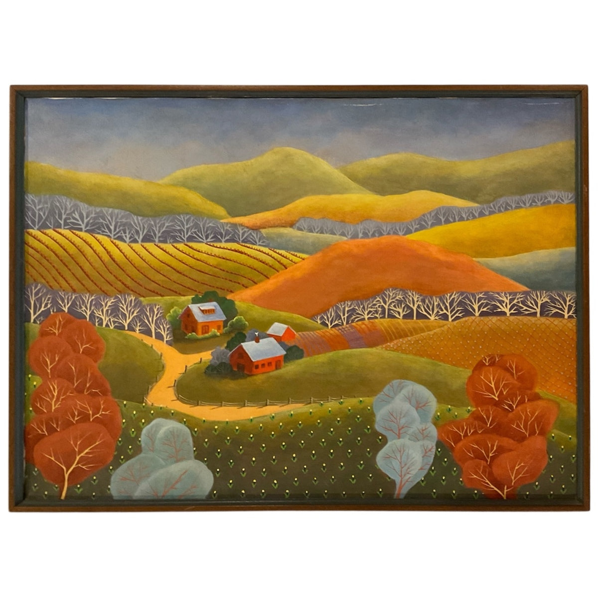 Colorful Vintage Countryside Landscape in the Manner of Grant Wood