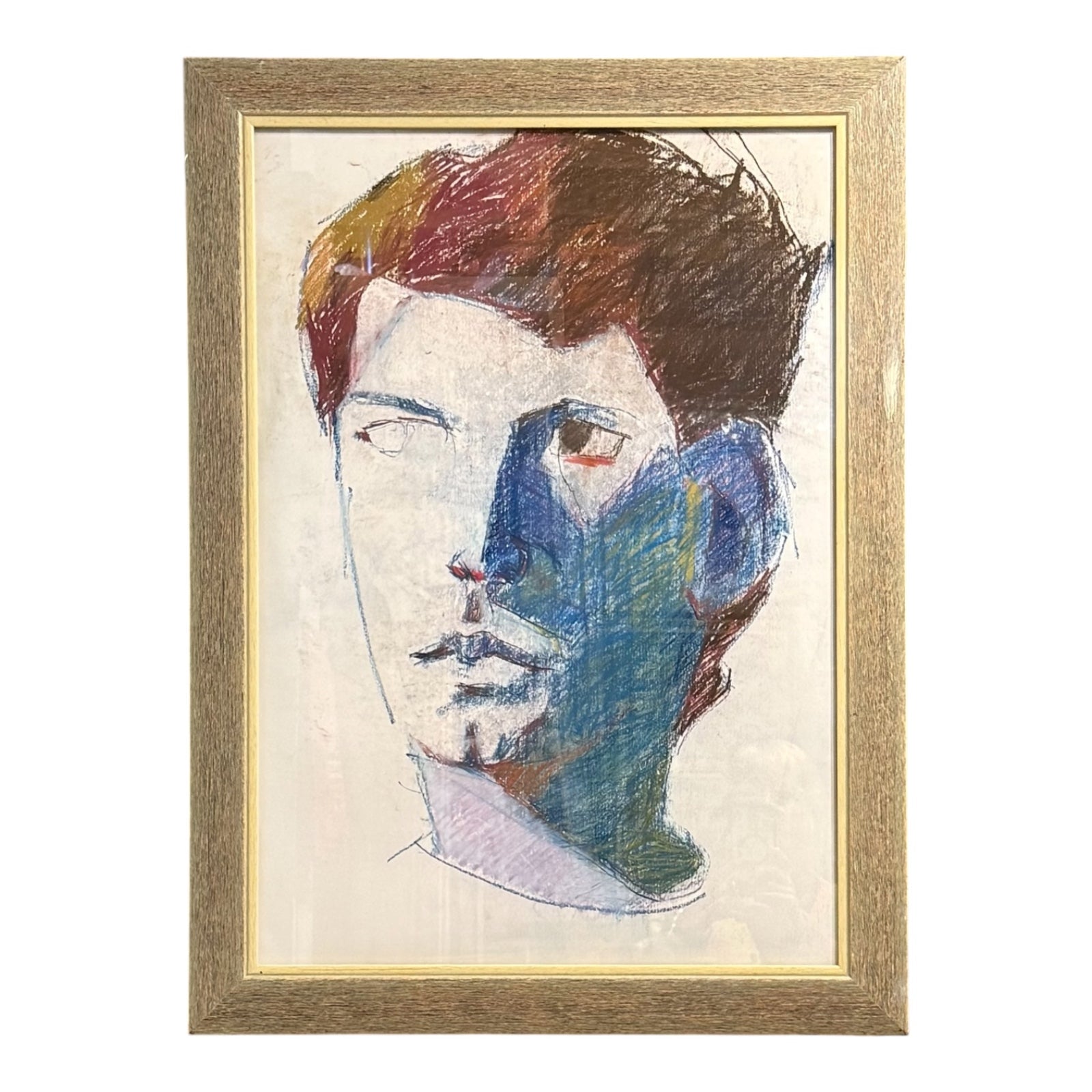 Monumental Color Blocked Portrait in Wide Vintage Solid Wood Frame