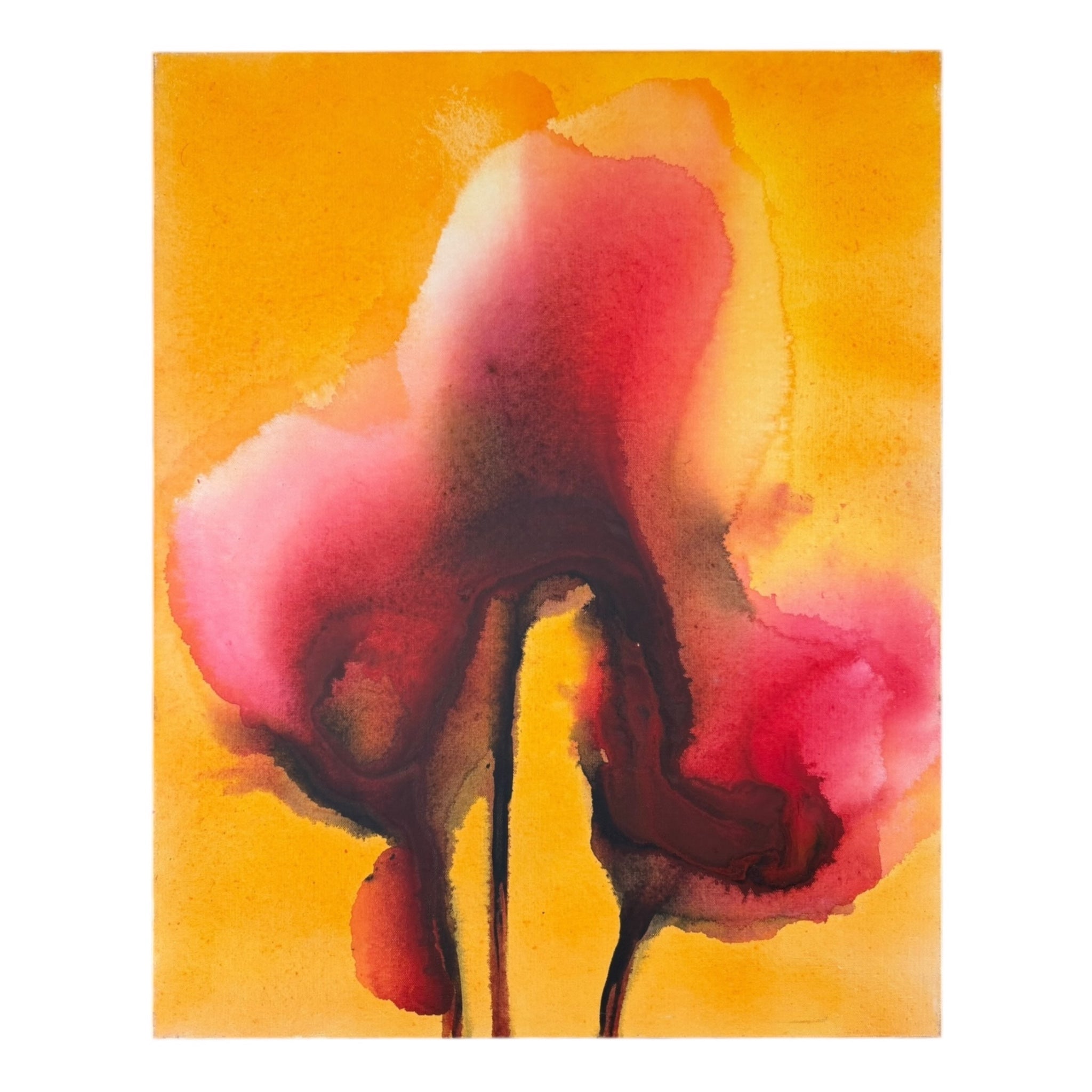 Flower Series Ethereal Soak Stain Painting in Cherry Red Against Mustard Yellow