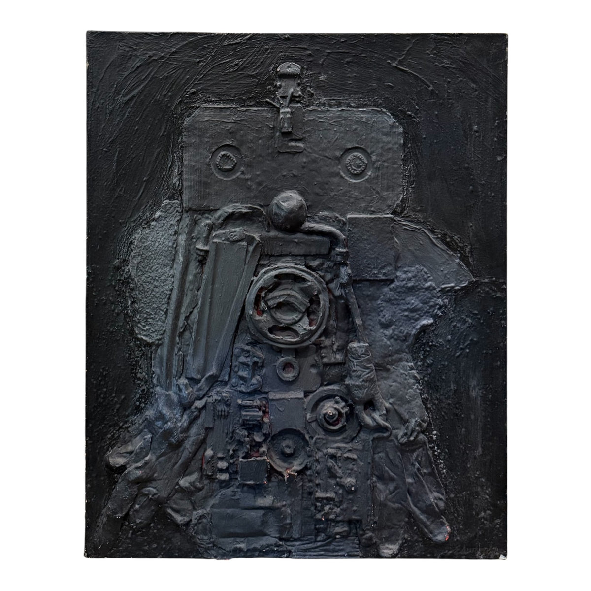 Brutalist Mixed Media Assemblage Painting in Black