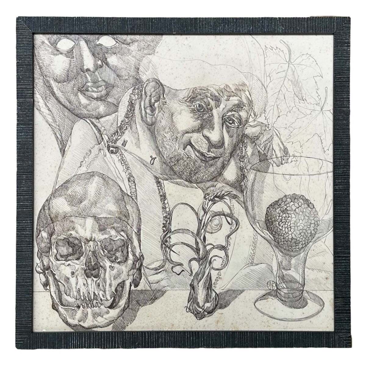 Theatrical Still Life Featuring Figure and Skull in Custom Frame