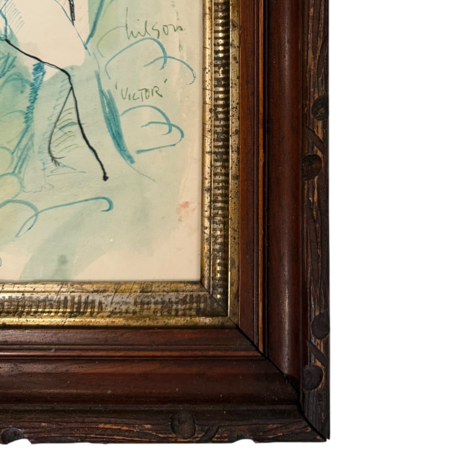 "Victor" Early Figurative  Watercolor in Antique Faux Bois Frame with Gilt Liner