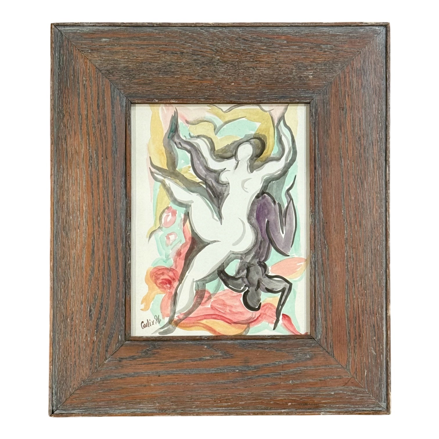 Figurative Gestural Watercolor in Wide Vintage Cerused Wood Frame