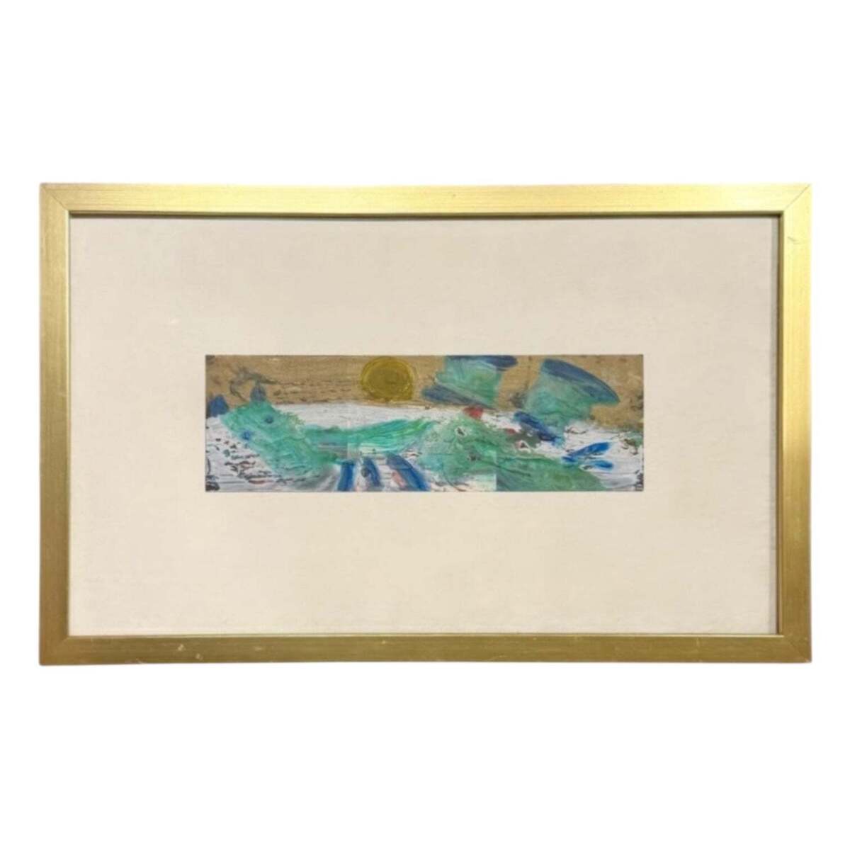 Abstract Expressionist Painting in Turquoise and Ochre in Custom Gold-Toned Frame