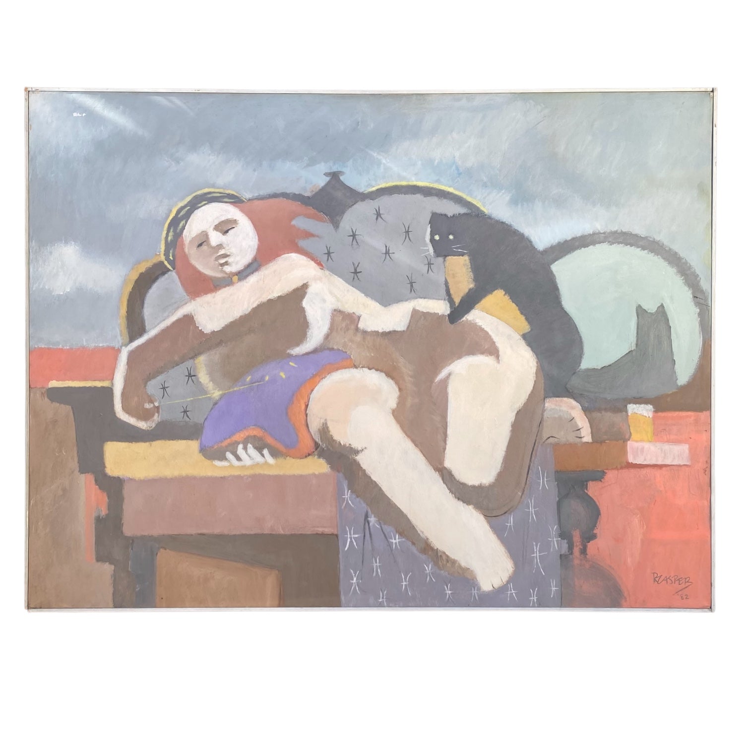 Abstract Painting of Woman Sewing Cushion with Two Cats