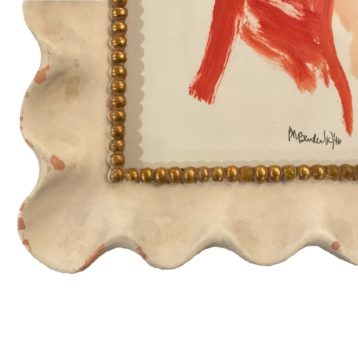 1946 Figurative Painting in Vintage Chalky Scalloped Frame with Beading