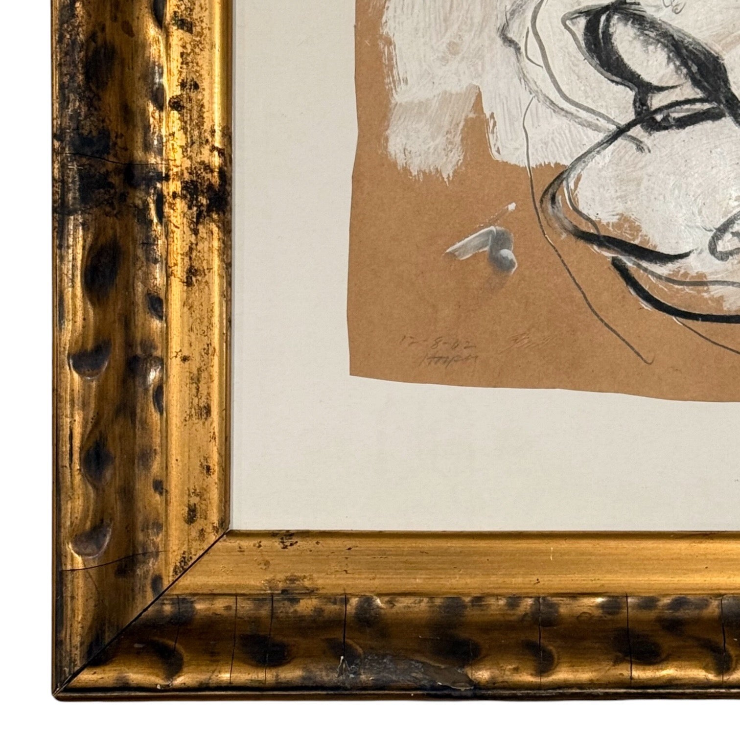1962 Abstract Gestural Painting of Reclining FIgure in Heavy Vintage Frame