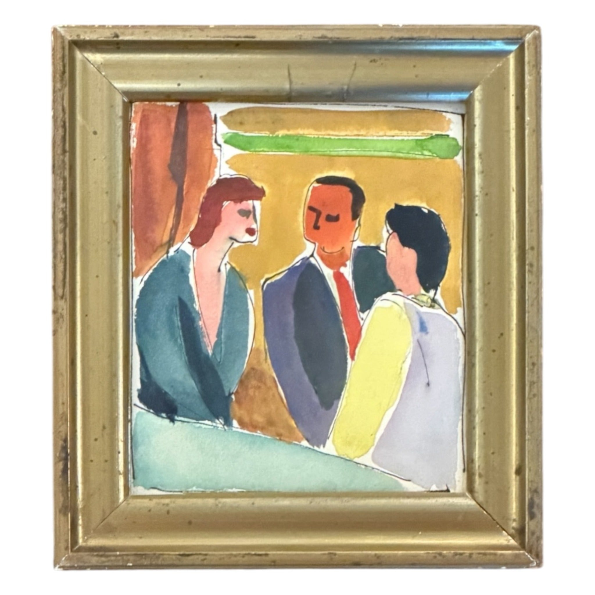 Colorful Watercolor of Trio in Conversation in 19th Century Gilt Frame