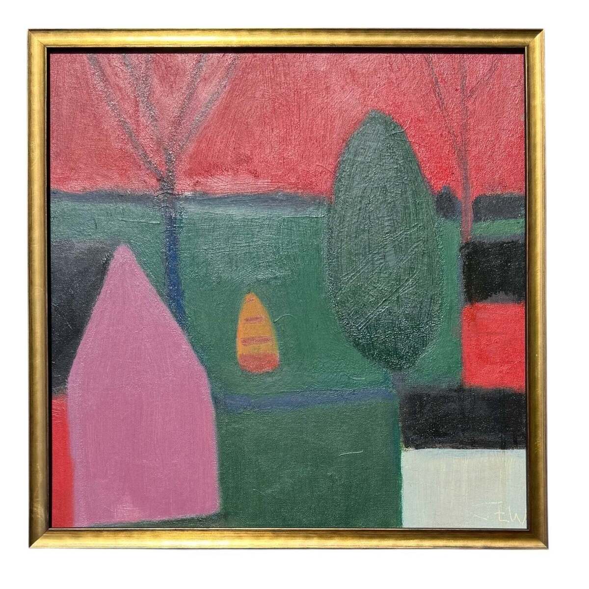 Colorful Minimalist Landscape in Custom Gold-Toned Frame