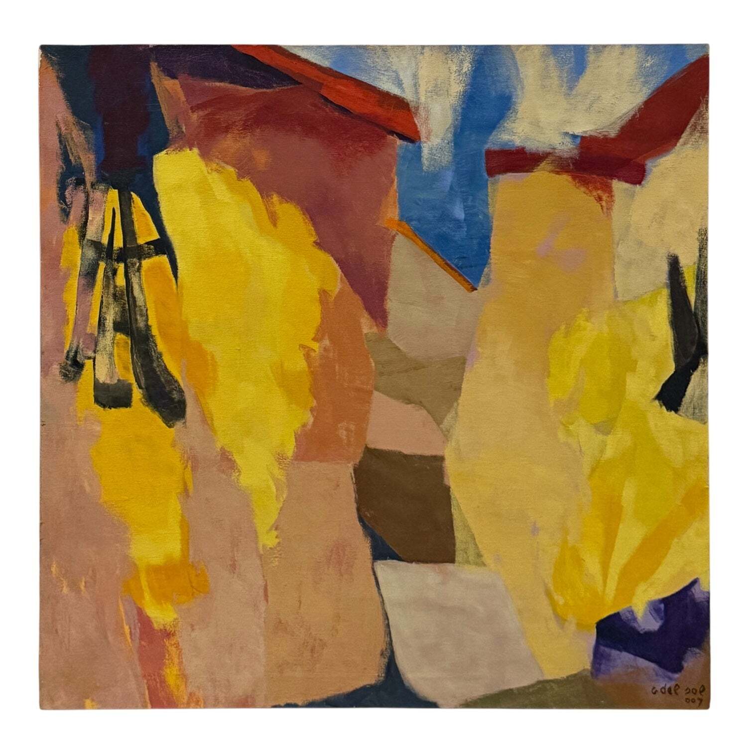 Abstract Oil Painting with Yellow, Ochre, Black and Deep Red