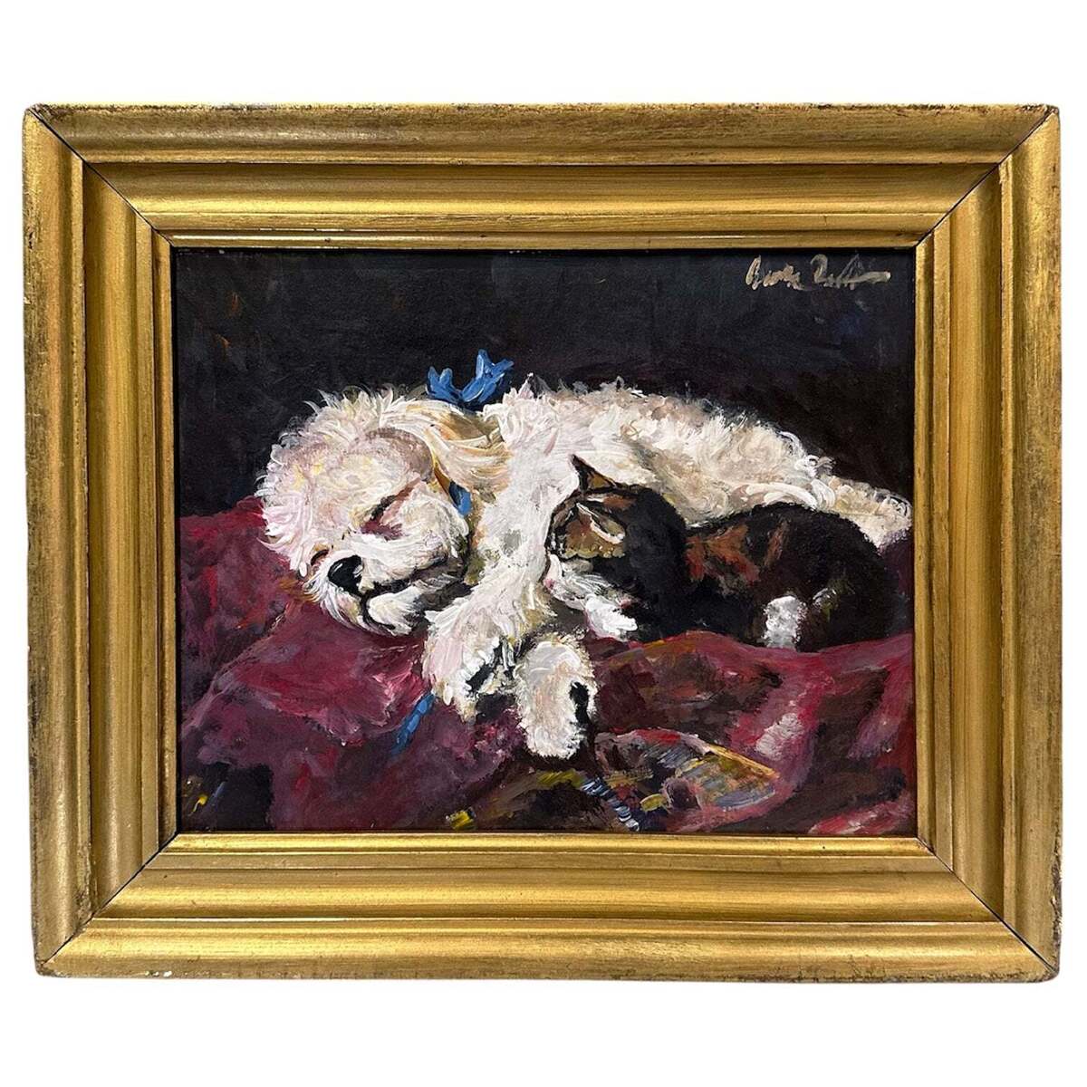 Oil Painting of Sleeping Puppy and Kitten in 19th Century Gilt Frame
