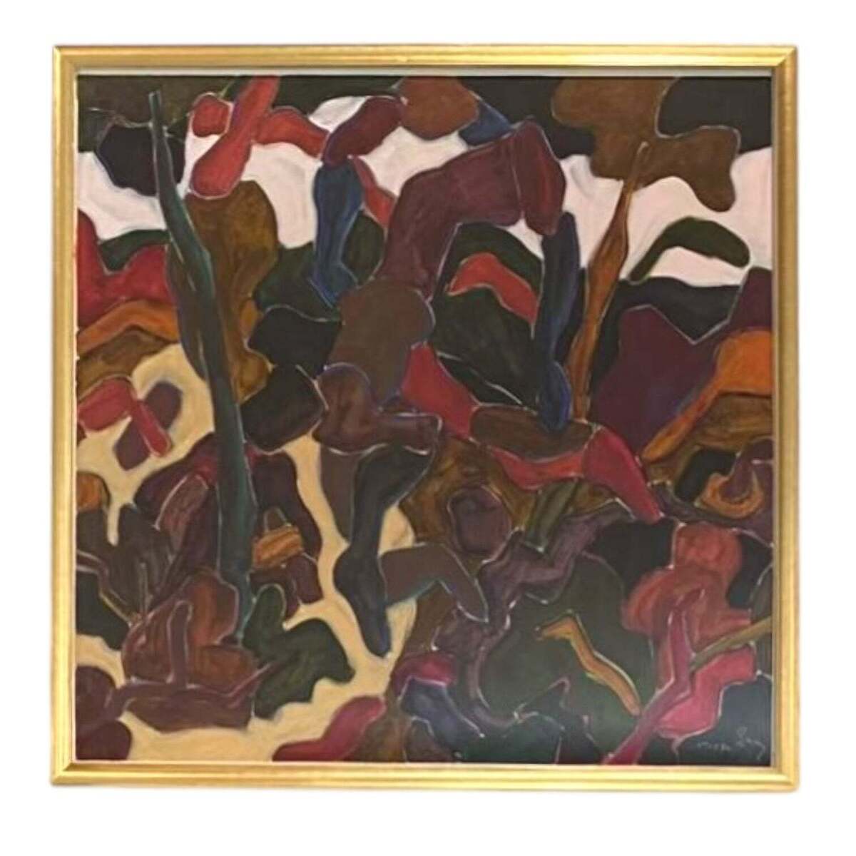 Abstract Figural Painting on Paper in Custom Frame