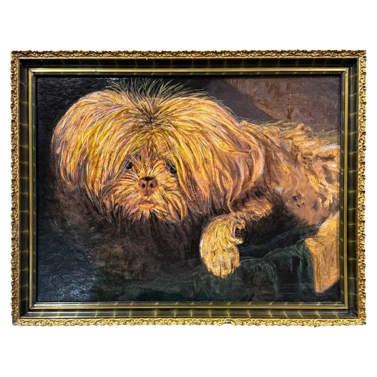 Oil Painting of Resting Scruffy Dog in Vintage Frame