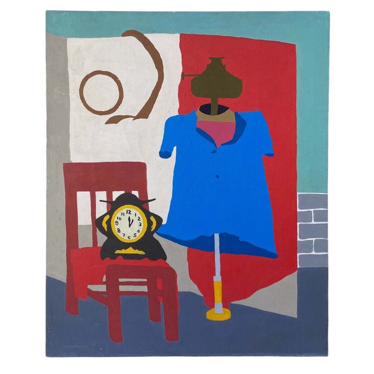 Minimalist Color Field Painting of Dressing Room with Screen, Chair and Clock