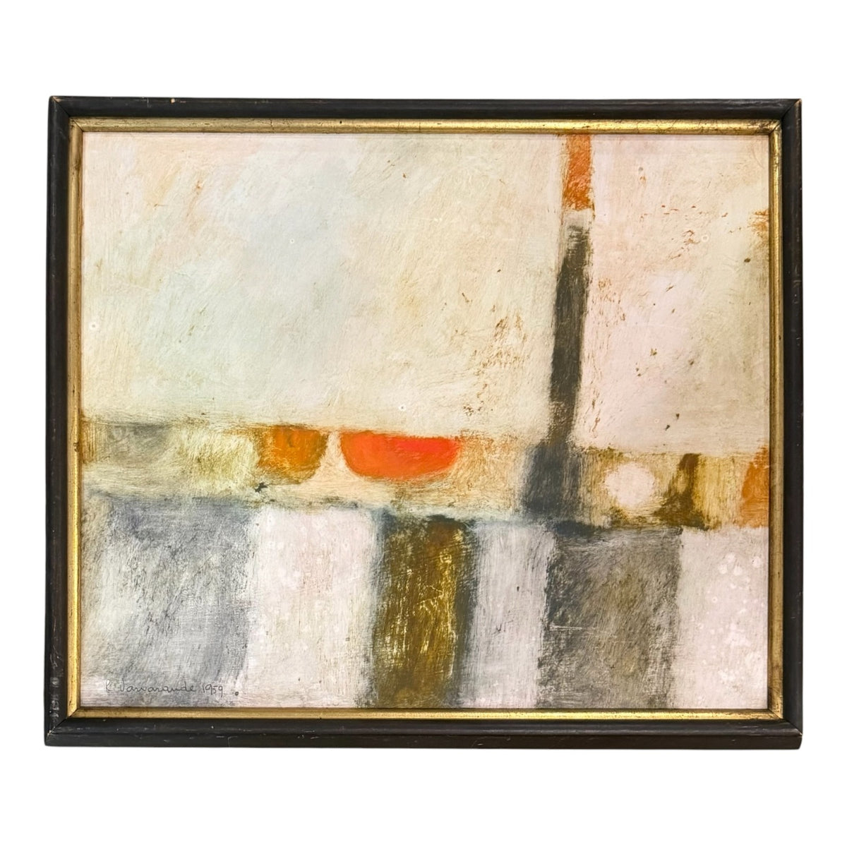 Abstract Painting with Layered Coloration and Orange Accents in Original Vintage Frame