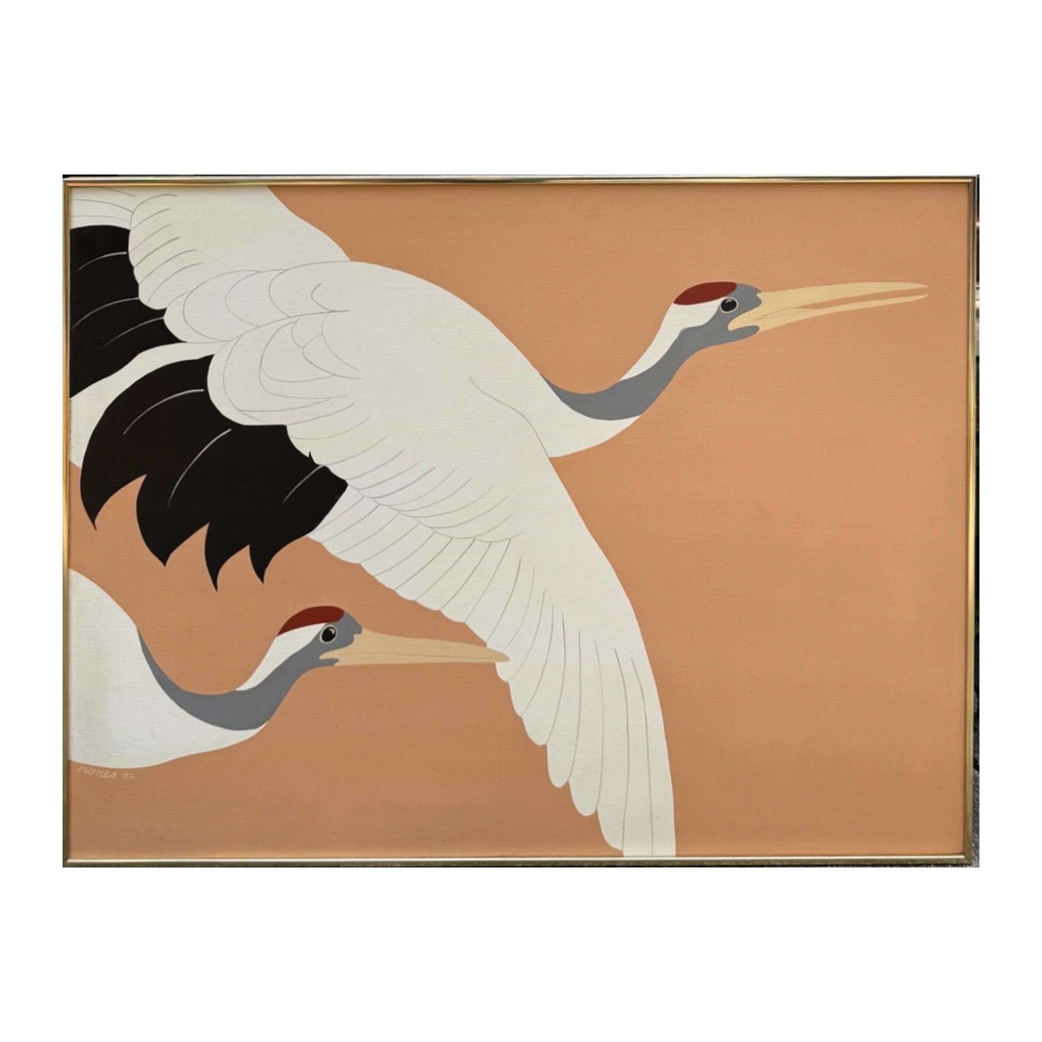 Vintage Minimalist Oil Painting of Cranes in Flight Editorial Composition Original Metal Frame