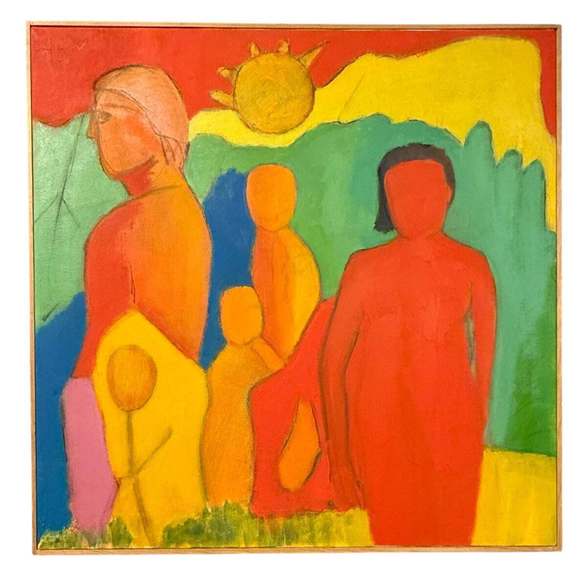 Oil Painting of Figures in Naturescape in Original Wood Lathe Frame