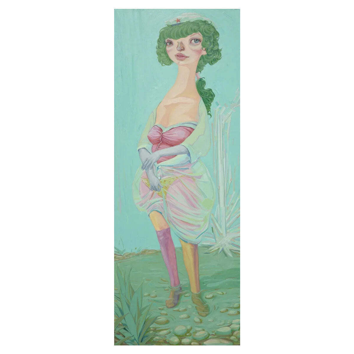 Monumental Figurative Oil Painting in Greens and Pinks
