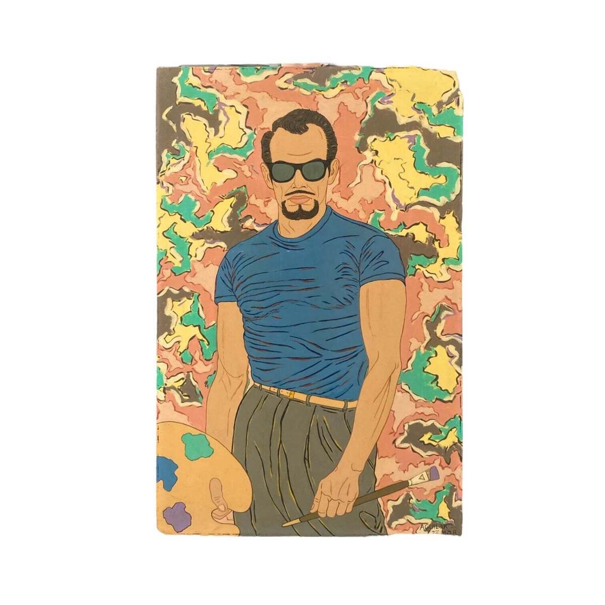 Self-Portrait of Artist Against a Colorful Patterned Background