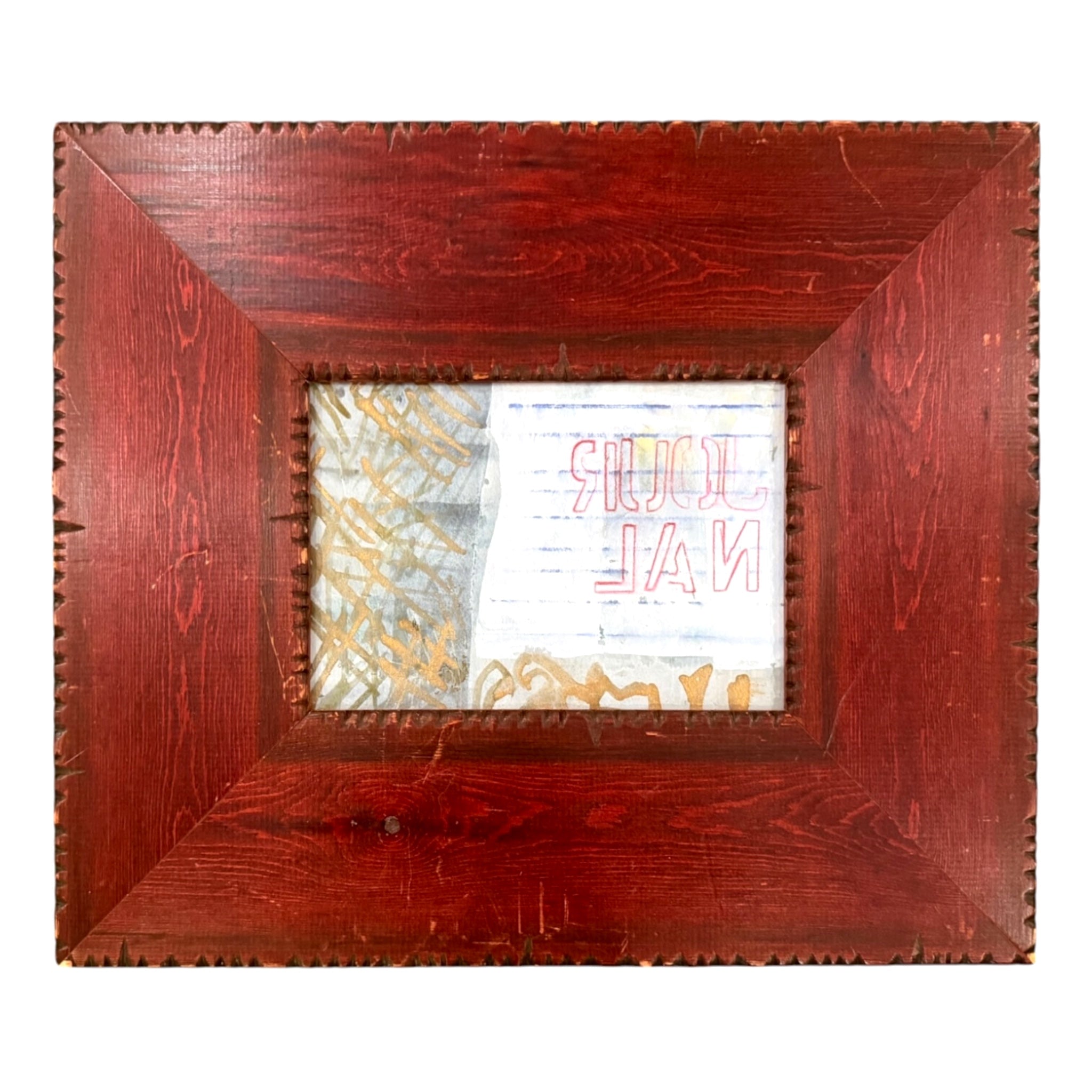 "Journal" Mixed Media Composition with Letters in Wide Hand Carved Vintage Wood Frame