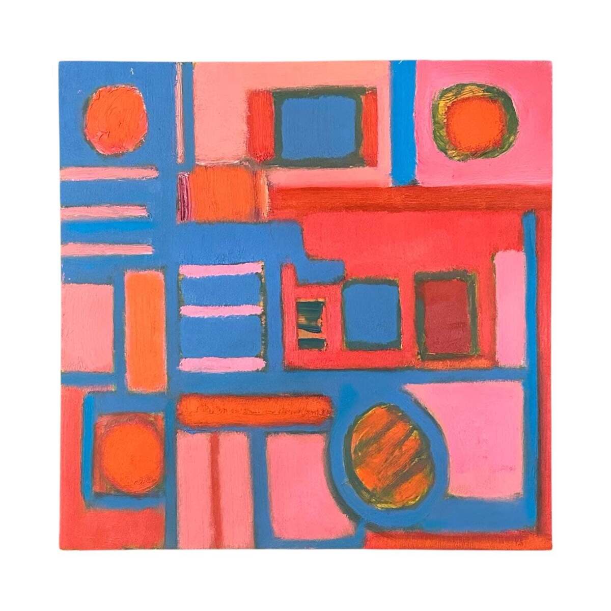 Vibrant Geometric Abstract in Heavy Impasto Blues Pinks and Oranges