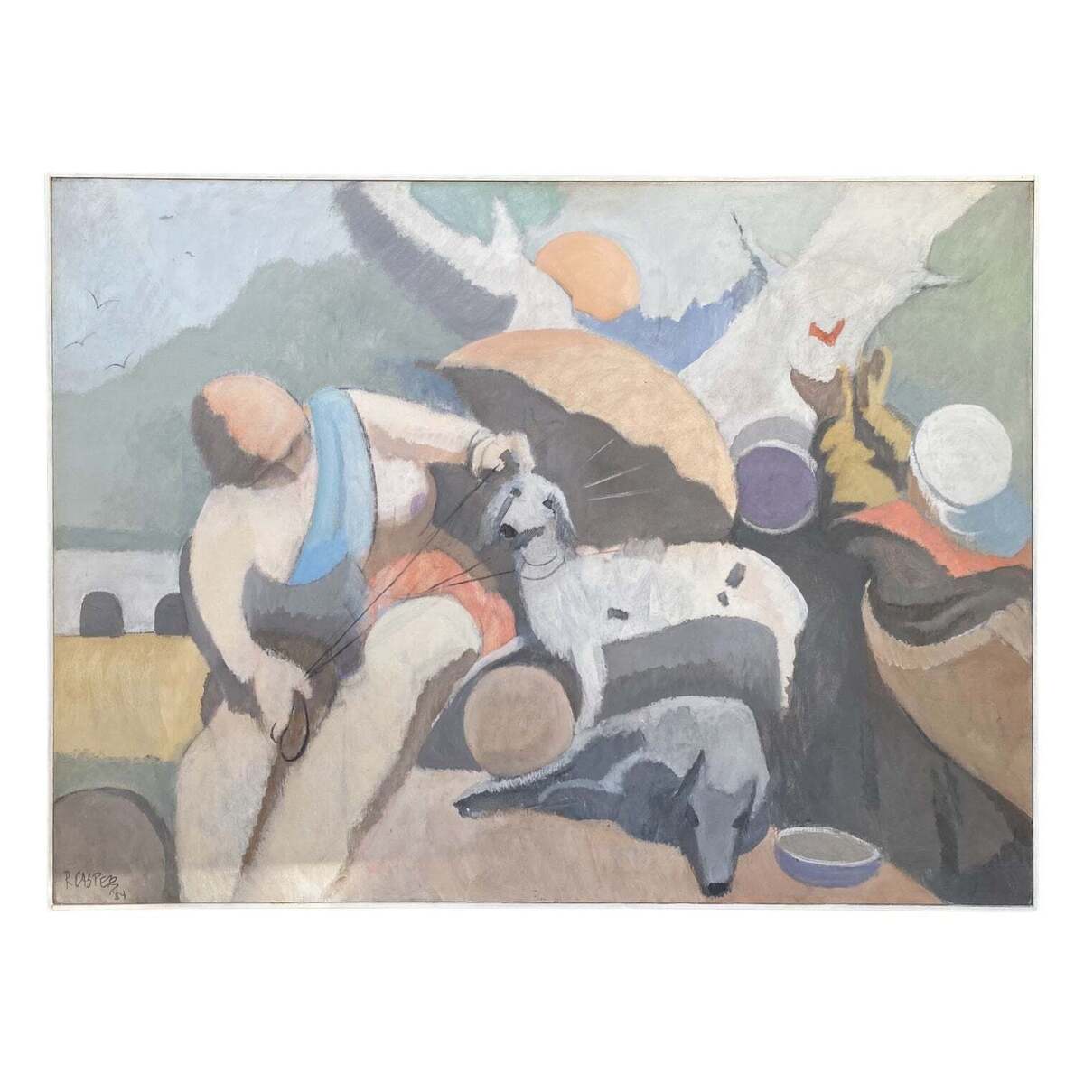 Figurative Painting of Woman with Dogs in Nature