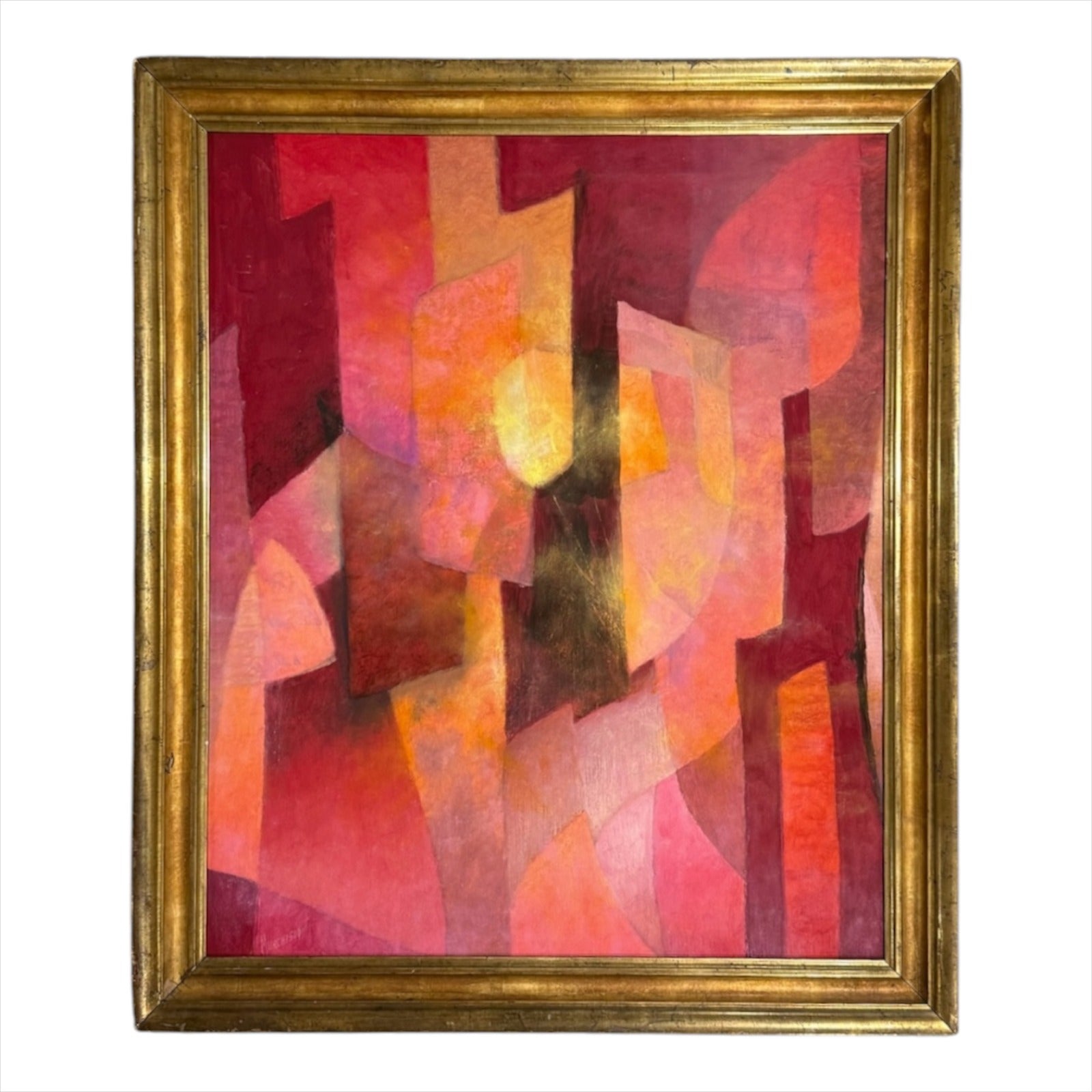 Oil Abstract of Faceted Planes in Reds and Pinks in 19th Century Gilt Frame