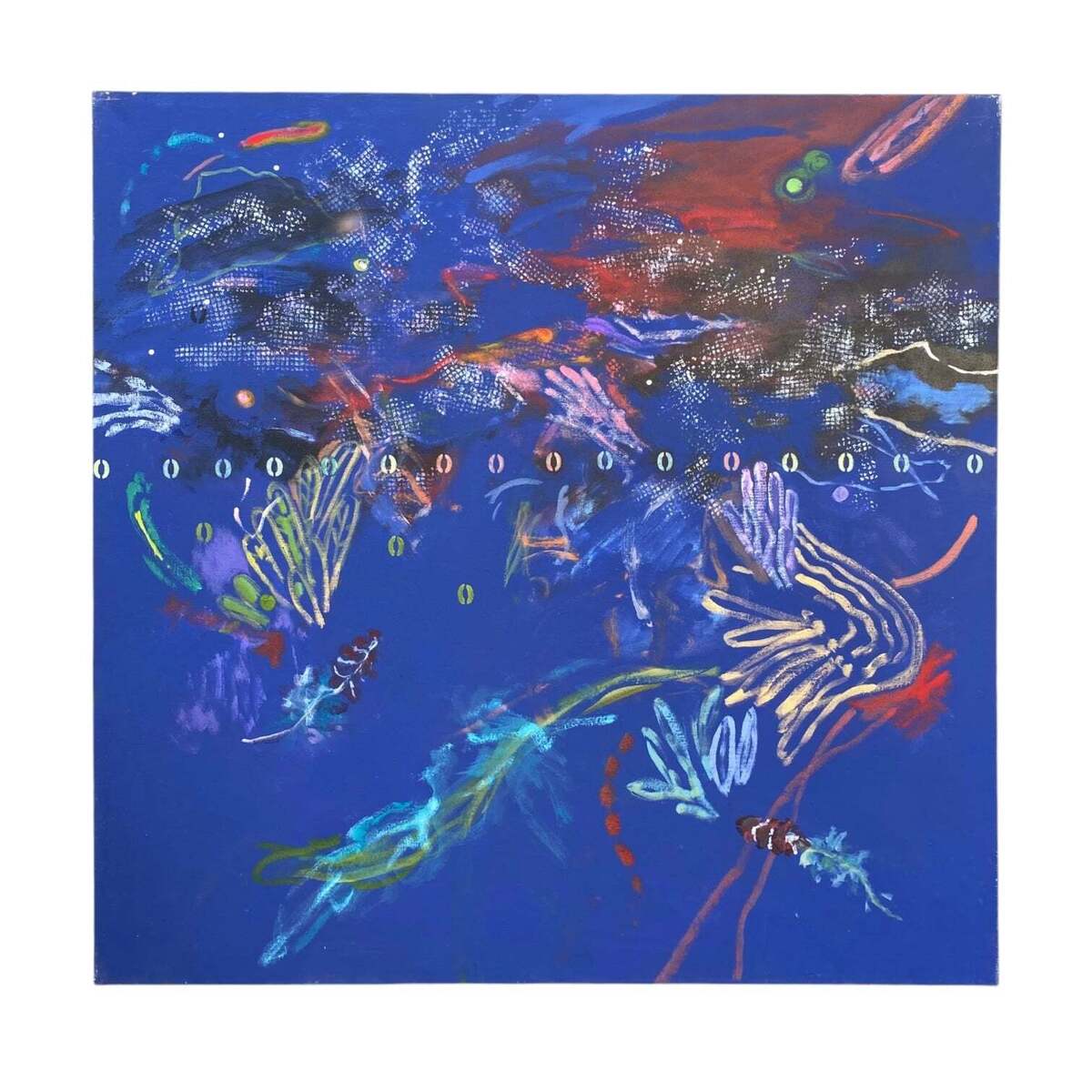 Vintage Square Abstract Underwater Scene in Cobalt Blue