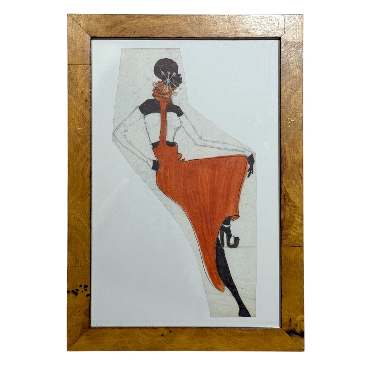 Vintage Fashion Illustration in Olivewood Burl Frame / No. 1