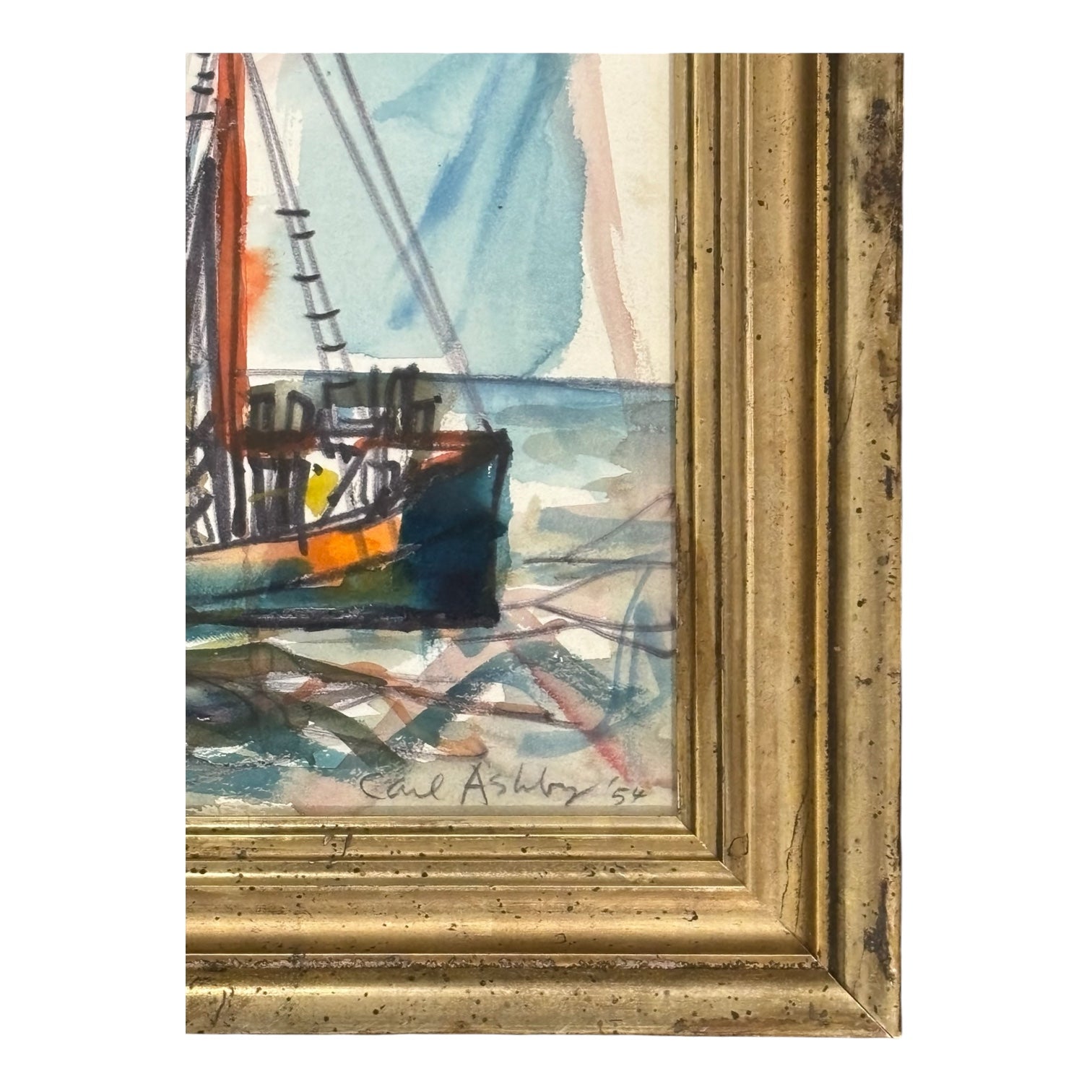 1954 Provincetown Harbor Seascape Watercolor in 19th Century Gilt Frame