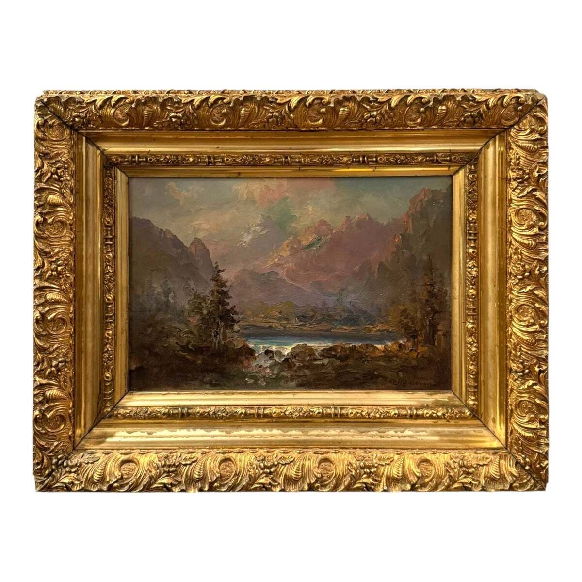 Antique Oil Hudson River School Style Oil Painting in Heavy Ornate Hand-Carved Gilt Frame