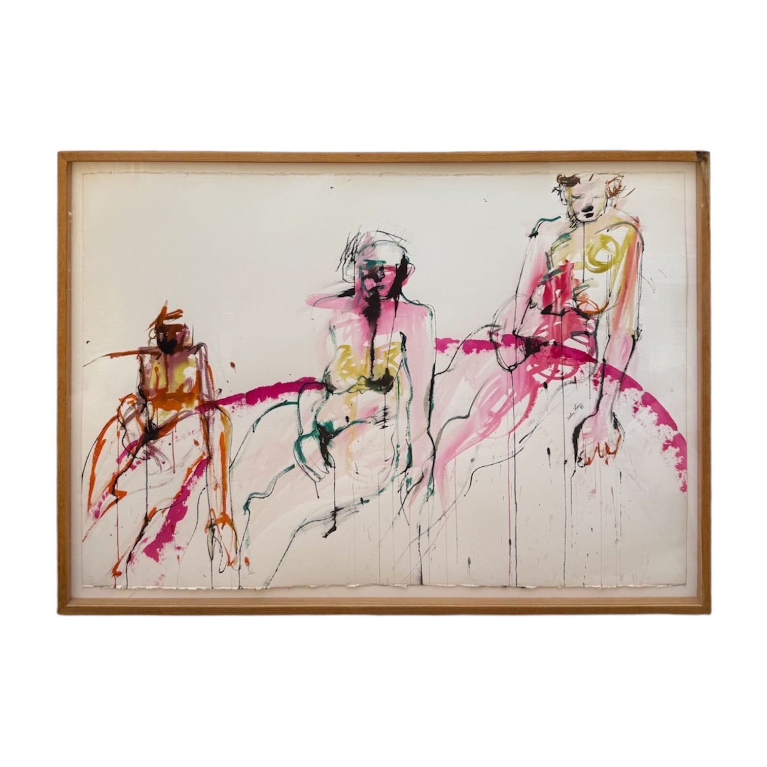 "Three Graces" Monumental Figurative Watercolor in Original Custom Frame