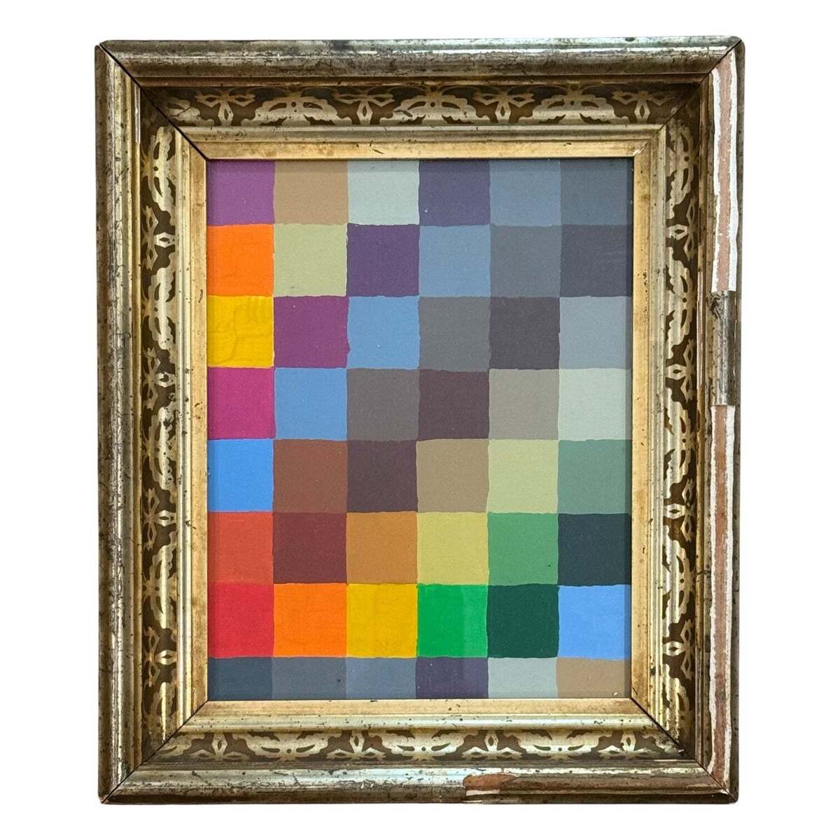 Checkerboard Painting in Vibrant Coloration in 19th Century Stencil Gilt Frame / WC-01