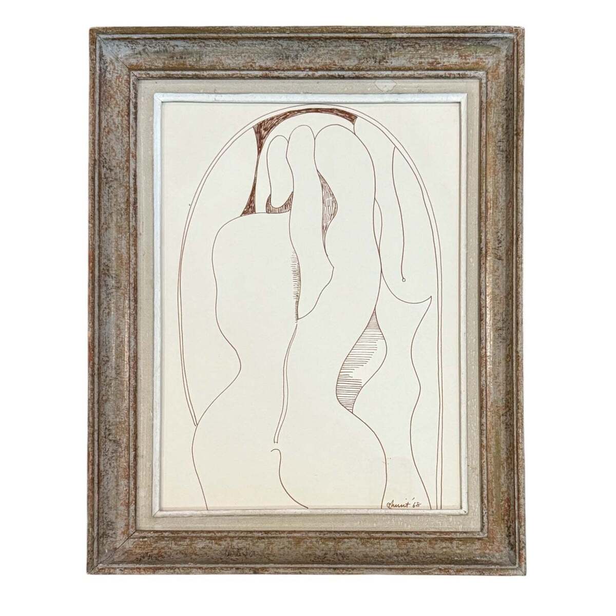 Reserved UD / Figurative Line Drawing in Sepia Ink Presented in an Antique Frame