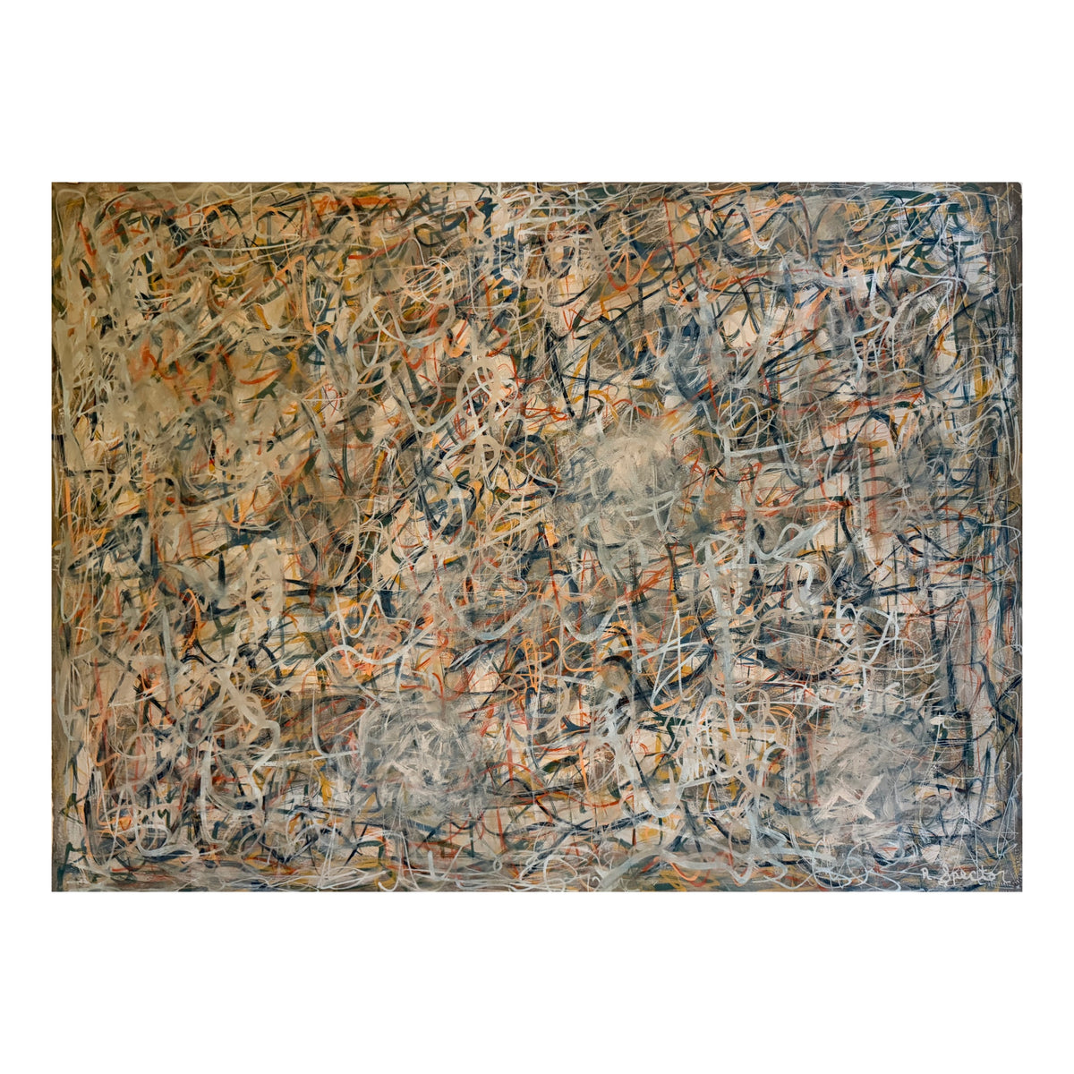 Large Layered Abstraction with Indigo, Saffron and Light Gray Mark Making