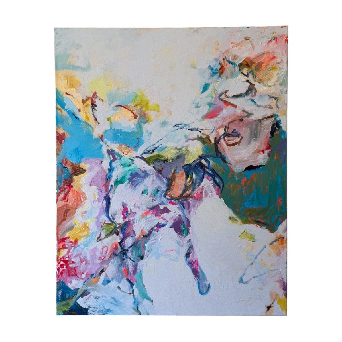 Abstract Expressionist Painting in White with Blues, Greens and Pinks