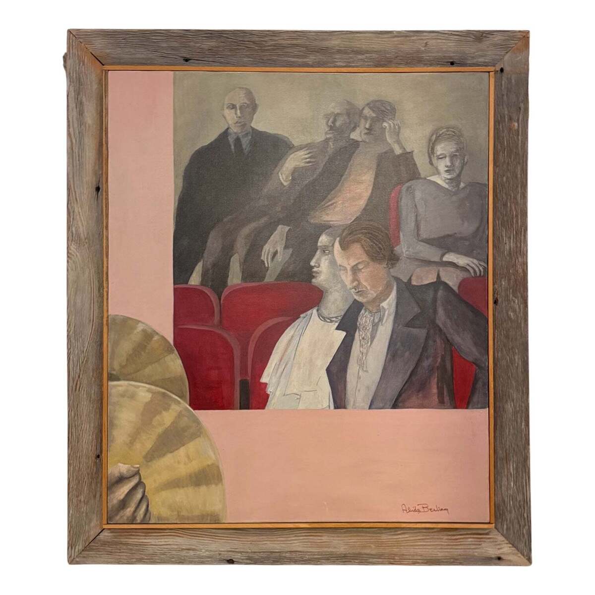 Oil Painting of Theatre Audience and Cymbalist in Original Frame
