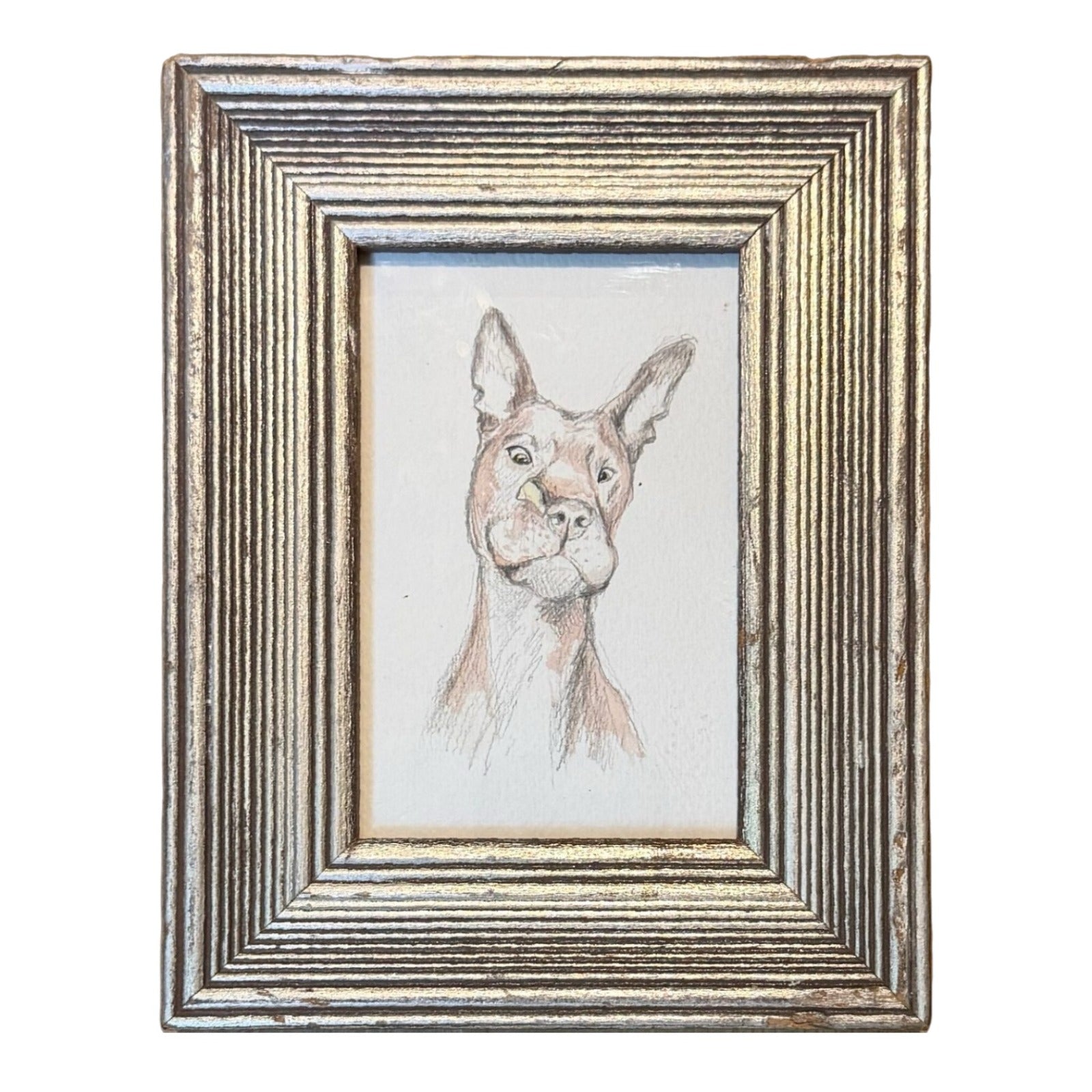 Watercolor Portrait of Mischievous Dog in Vintage Custom Silver Frame