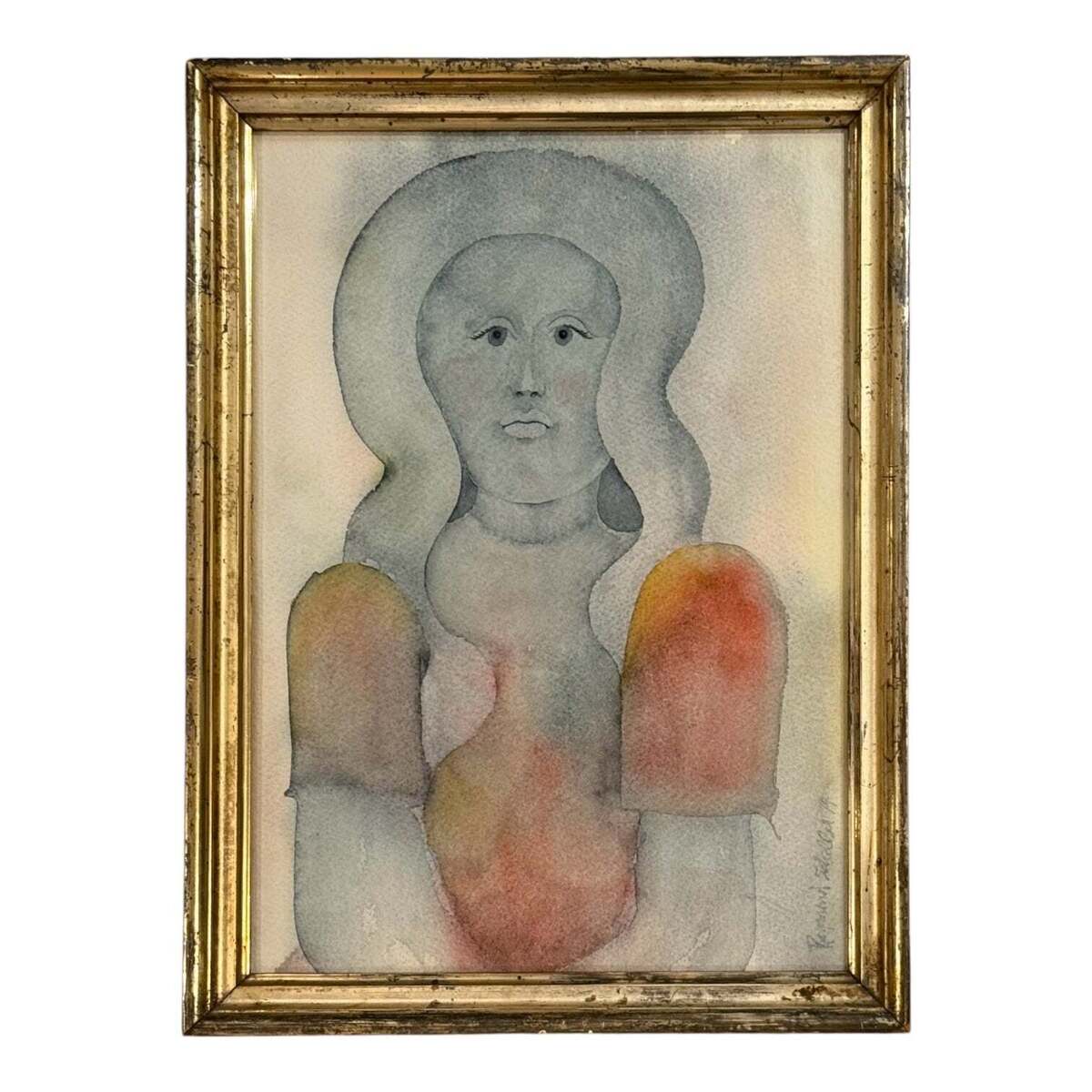 1979 Watercolor Portrait in Peaches and Blues in 19th Century Frame