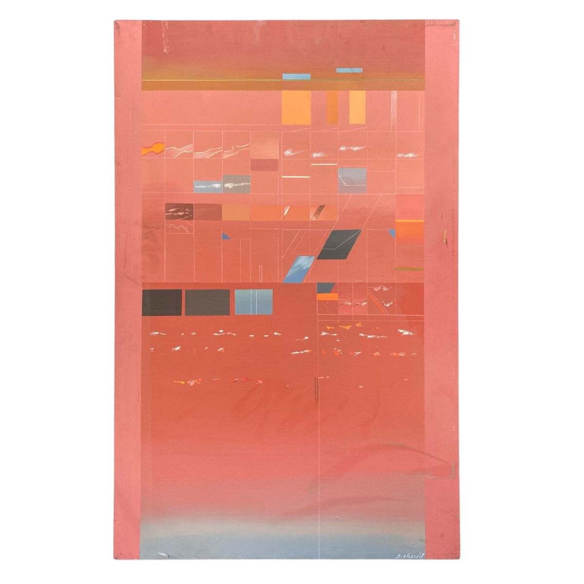 Vintage Geometric Painting in Peach and Salmon