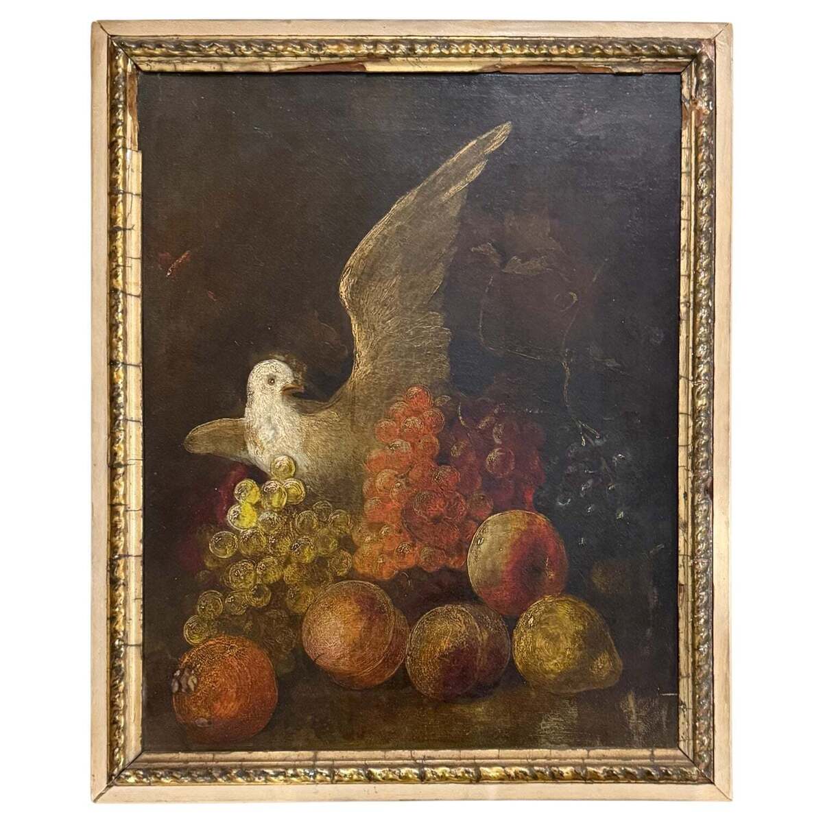 Still Life Oil Painting of Bird and Fruit in 19th Century Gilt Frame