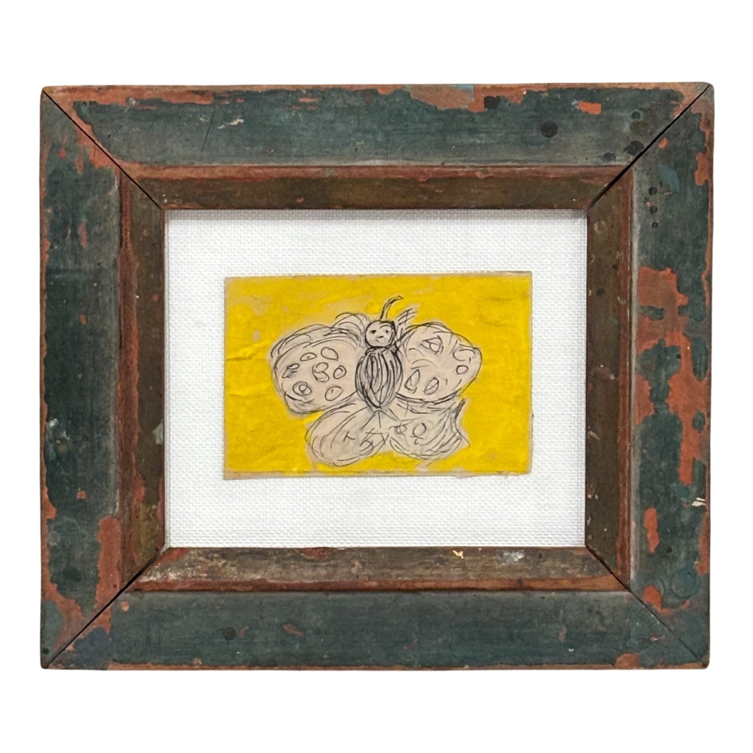 Butterfly on Linen in Antique Distressed Green Painted Wood Frame