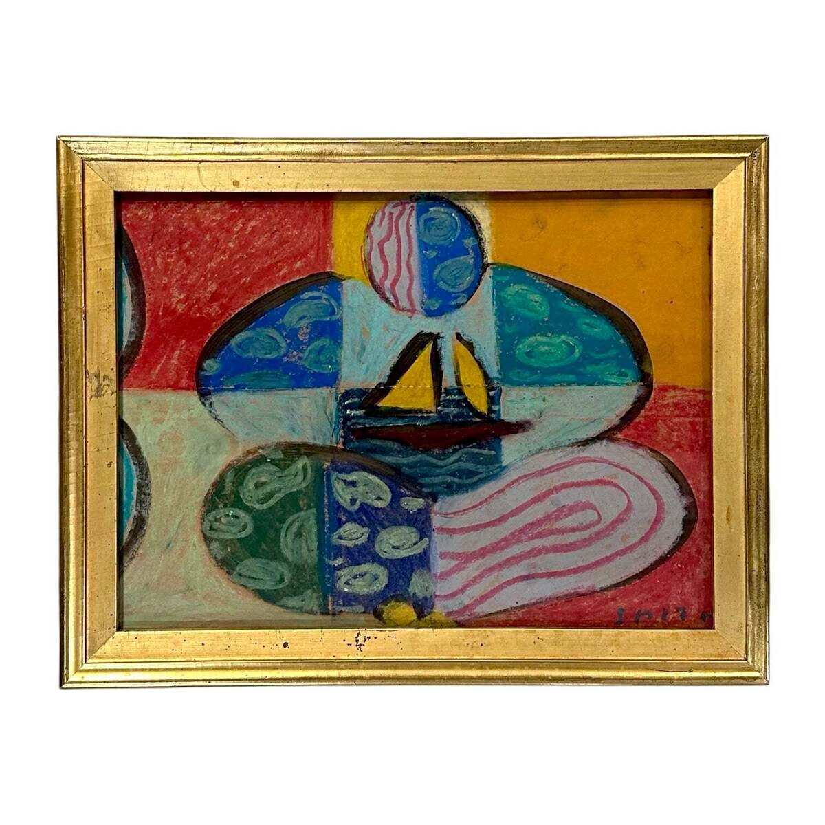 American Modernist Abstract Sailboat at Sea in 19th Century Gilt Frame