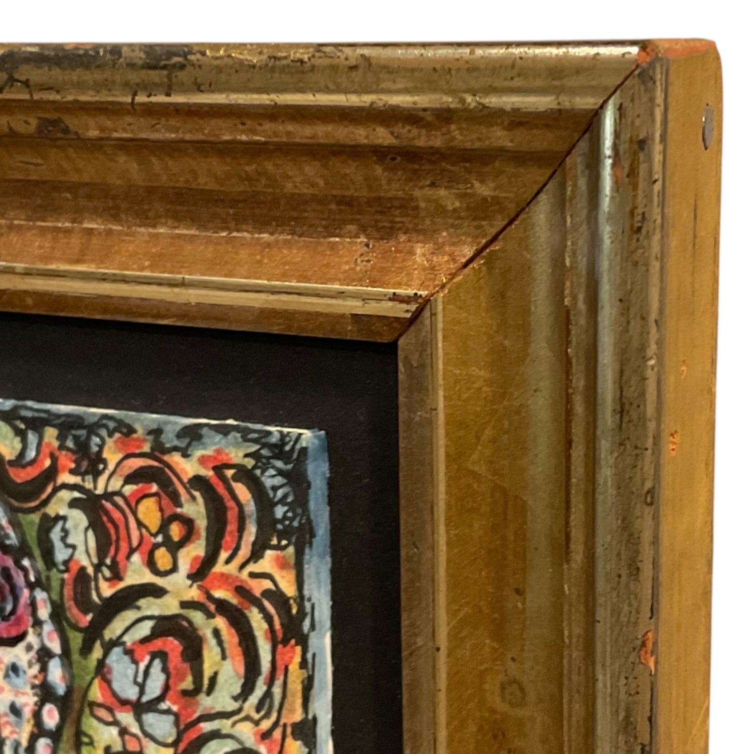 Vintage Graphic Stylized Painting in Antique Gilt Wood Frame