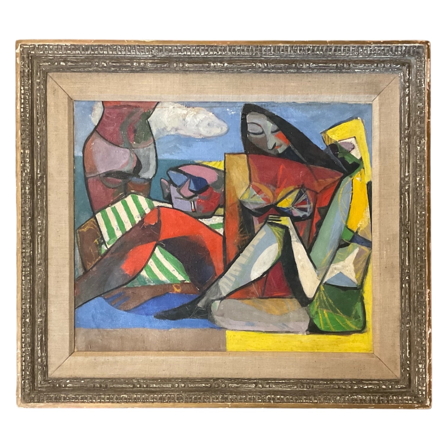 1945 Cubist Oil Painting of Beach Scene with Figures in Antique Carved Frame