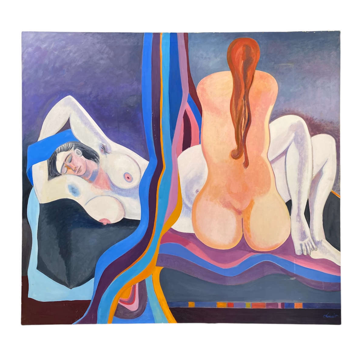 Vintage Figurative Oil Painting of Two Nude Women