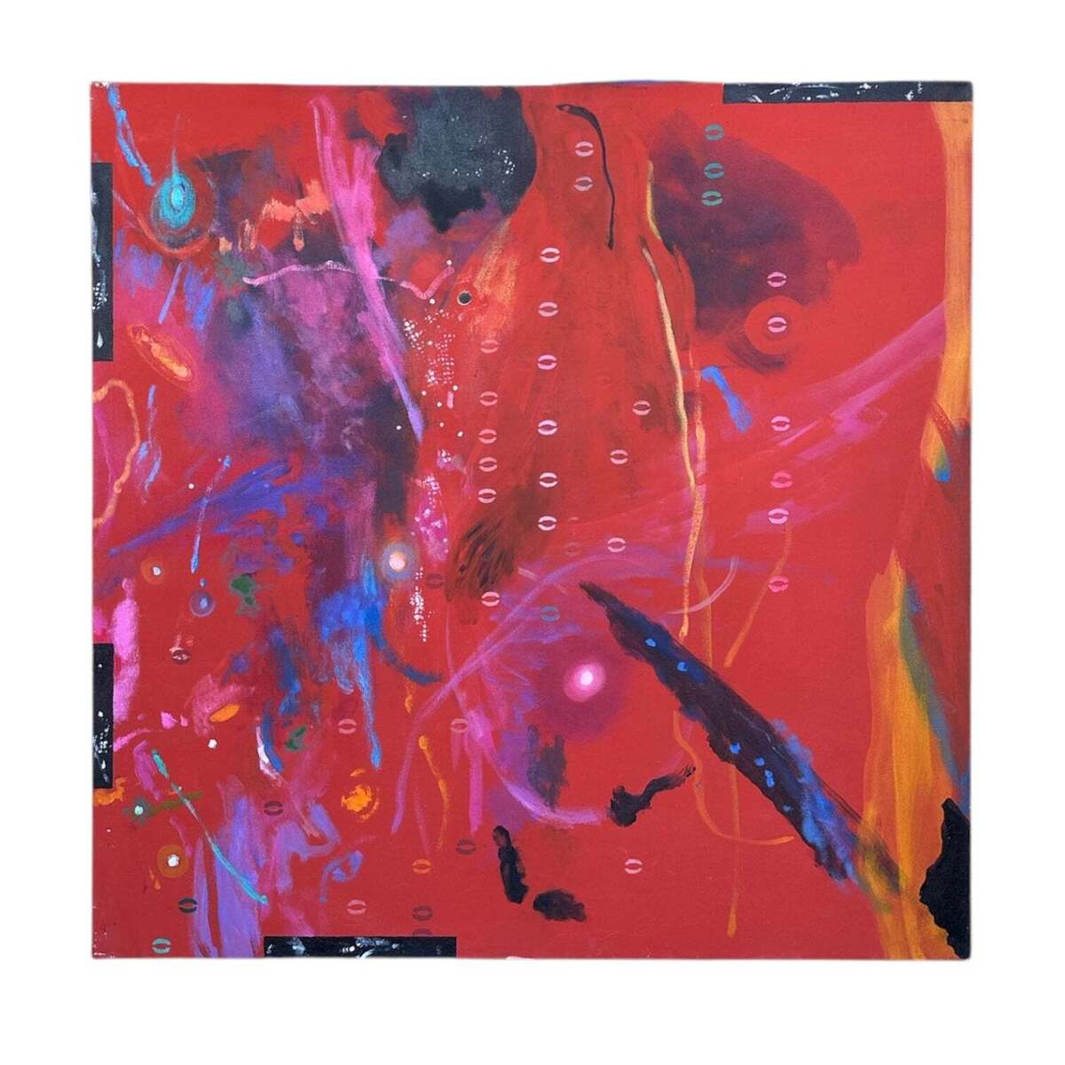 Red Oil Painting with Gestural Mark-Making and Stenciled Numerals